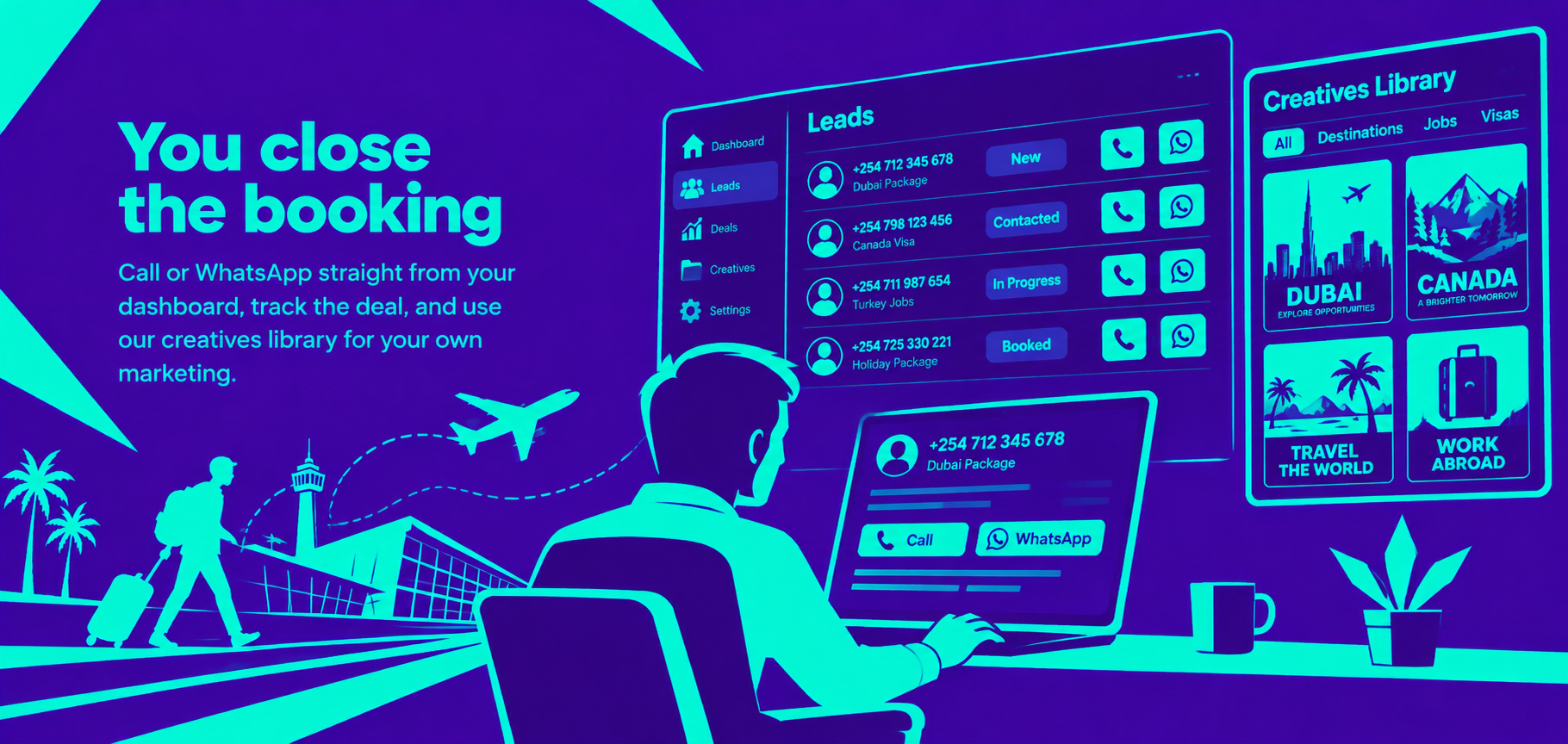 You close the booking — call or WhatsApp straight from your dashboard, track the deal, and use our creatives library for your own marketing.